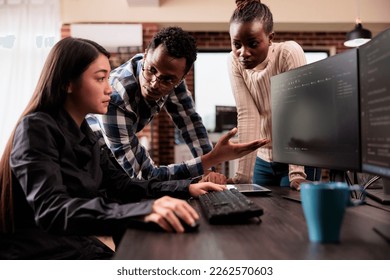 Diverse ai cloud programers talking about html script, looking at code on computer, working on server interface development. Programmers parsing cloud computing project with big data in it agency