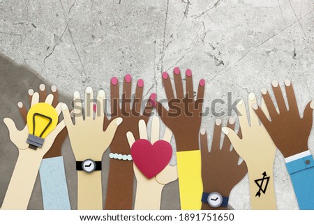 Diverse arms raising in colorful cartoon illustration
