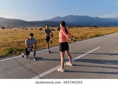 Diverse Athletes Prepare: Dynamic Group Warms Up for Morning Run. - Powered by Shutterstock