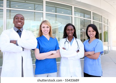 A Diverse Attractive Man And Woman Medical Team At Hospital Building