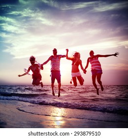 Diverse Beach Summer Friends Fun Jump Shot Concept