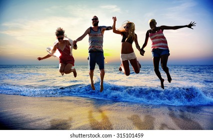 Diverse Beach Summer Friends Fun Jump Shot Concept