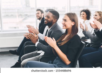 Diverse Business Team Greeting Speaker With Applause And Smiling, Free Space