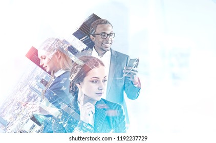 Diverse Business Team Managers With Gadgets Over Blurred Cityscape. Graphs And Immersive Interface Foreground. Hi Tech And Fintech Concept. Toned Image Double Exposure Mock Up