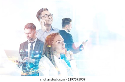 Diverse business team managers with gadgets over night cityscape background. International company concept. Toned image double exposure mock up
