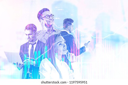 Diverse business team managers with gadgets over blurred cityscape. Graphs and immersive interface foreground. Hi tech and fintech concept. Toned image double exposure mock up