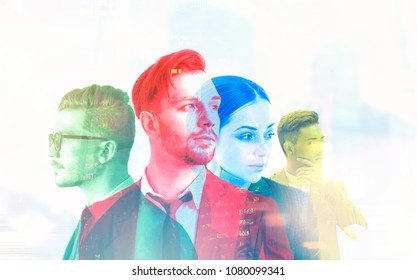 Diverse business team members portraits against a blurred cityscape. Teamwork concept. Toned image double exposure mock up - Powered by Shutterstock