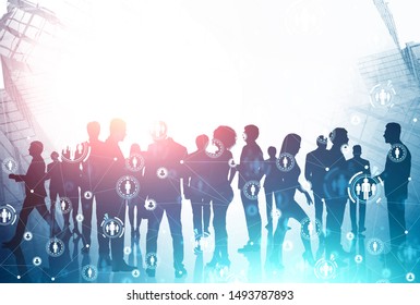 Diverse Business Team Silhouettes In Abstract City With Double Exposure Of HUD Social Network Interface. Concept Of Human Connection. Toned Image