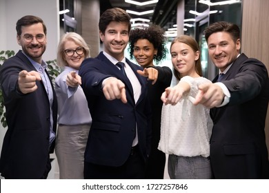 Diverse Business Team Standing In Office Hallway Hands Showing Pointing Fingers At Camera At You. Six Multiracial Businesspeople Hr Managers Choose New Candidate, Hiring Hr Career Opportunity Concept