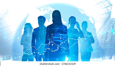 Diverse business team working in blurry abstract city with double exposure of planet hologram and financial chart. Toned image. Elements of this image furnished by NASA - Shutterstock ID 1746151529