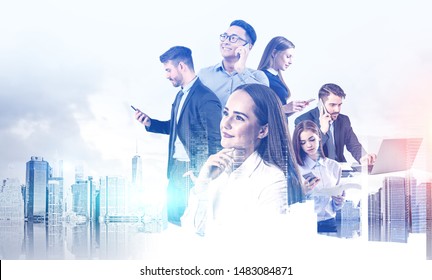 Diverse business team working together with gadgets over cityscape background. Concept of teamwork and communication. Toned image double exposure - Powered by Shutterstock