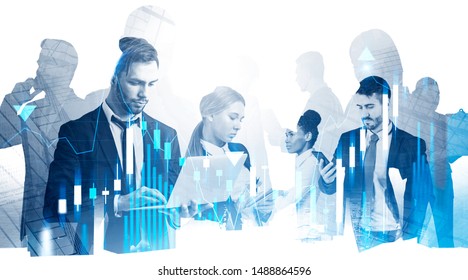 Diverse business team working together in city with double exposure of forex graphs. Concept of stock market and teamwork.
