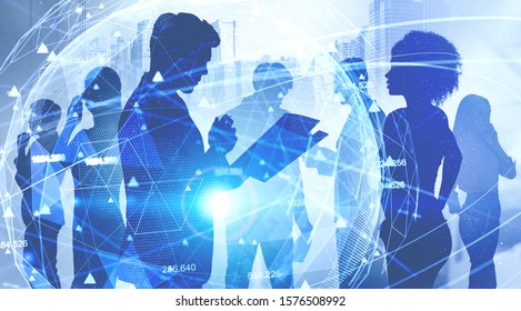 Diverse business team working together in city with double exposure of blurry futuristic network interface. Concept of hi tech startup and big data. Toned image - Powered by Shutterstock