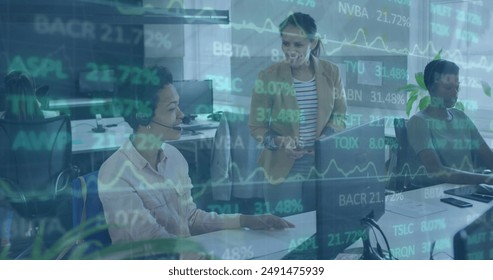 Diverse businesswomen are working, showing stock market data on screens. middle-aged biracial woman wearing headset, young african american, and mature asian all focused on monitors - Powered by Shutterstock