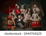 Diverse cast of vintage circus performers poses over dark retro circus backstage background. Promotional poster for upcoming performances. Concept of circus, theater, performance, show, retro and
