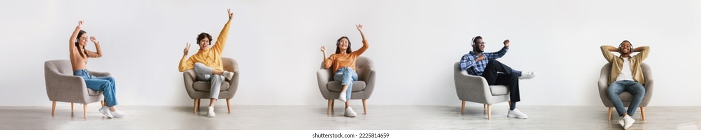 Diverse Cheerful People Wearing Wireless Headphones Listening Music While Resting In Armchairs At Home, Happy Men And Women Enjoying Favorite Playlist And Dancing While Sitting In Chair, Collage - Shutterstock ID 2225814659