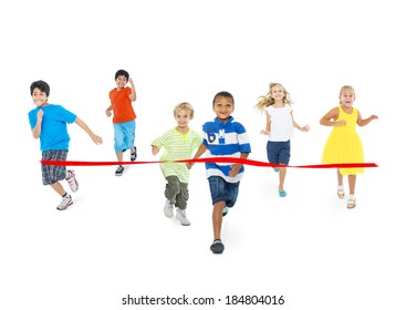 Diverse Children Running Towards The Finish Line