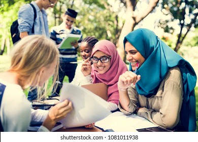 Diverse children studying outdoor