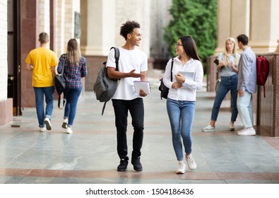 Diverse classmates chatting, walking after classes in university campus outdoors - Shutterstock ID 1504186436