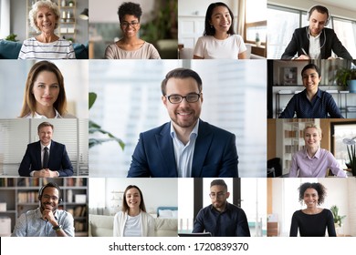 Diverse colleagues engaged in webcam conference, discuss business ideas online together, multiracial businesspeople talk on video call, have online web briefing with work team, using modern app