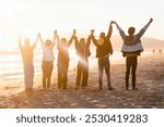 Diverse community people by the beach. Happy people enjoying outdoor activity. Summer vacation nature retreat. Wanderlust and summertime holidays concept.