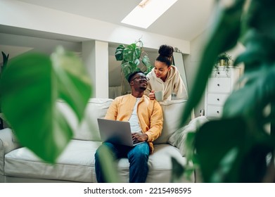 Diverse Couple Sitting And Relaxing At Home And Using Laptop Together. Smiling African American Husband Sitting On A Sofa And Hispanic Wife Standing Behind Him. Looking At Each Other. Copy Space.