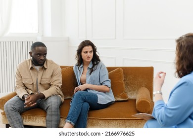 Diverse Couple Talking To Psychologist Woman About Relationship Problems. Marital Therapy. Family Reconciliation.