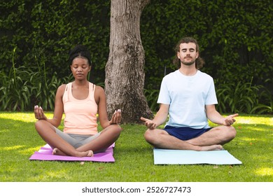 Diverse couple, a young African American woman and Caucasian man, meditate in a serene garden. Both are in lotus position on yoga mats, embracing tranquility and mindfulness outdoors. - Powered by Shutterstock