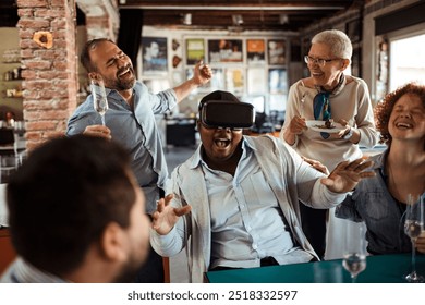 Diverse coworkers using VR during birthday party in office - Powered by Shutterstock