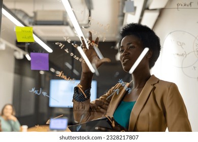 Diverse creative female colleagues in discussion brainstorming making notes on glass wall in office. Casual office, brainstorm, business, teamwork, business, communication and work, unaltered. - Shutterstock ID 2328217807