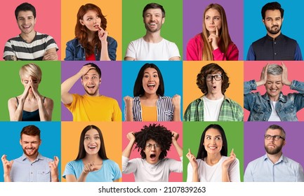 Diverse Cultures Concept. Collage Of Different Expressive Multiethnic People Showing Different Emotions On Colorful Studio Backgrounds. Multinational Women And Men Mosaic