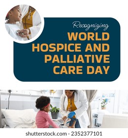 Diverse doctor examining girl in hospital and recognising world hospice and palliative care day text. Composite, medical, healthcare, childhood, support, awareness, celebrate and prevention concept. - Powered by Shutterstock
