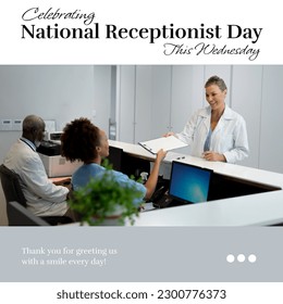Diverse doctor giving file to receptionist, celebrating national receptionist day this wednesday. Composite, text, healthcare, hospital, recognition, wednesday, office and celebration, thank you. - Powered by Shutterstock