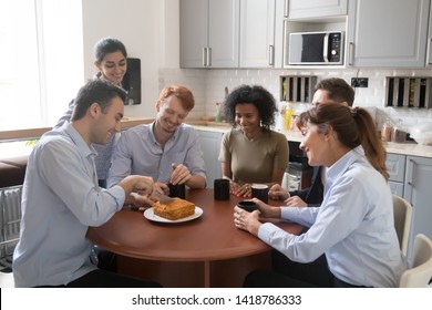 Diverse Employees Sitting At Kitchen Office Table Cut Cake Drink Tea Or Coffee At Lunch Break, Celebrate Good Work Result Corporate Success, Team Member Birthday Event, Friendly Warm Relations Concept