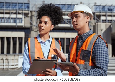 Diverse Engineers Discuss Construction Project with Digital Tablet and Clipboard on Site - Powered by Shutterstock