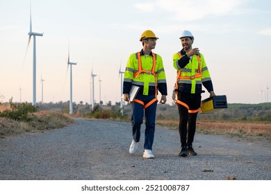 Diverse ethnicity male technicians walking in the wind turbines field. Innovation engineer men wearing safety gear, work to develop environmental renewable clean energy outdoors at windmill power farm - Powered by Shutterstock