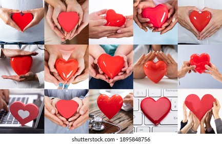 Diverse Families And Couples Holding Heart Collage