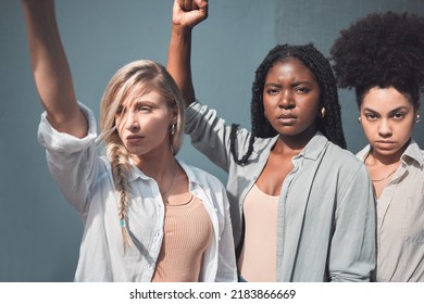 Diverse Female Activists Or Protesters Fists Up Fighting For Freedom And Human Rights. A Group Of Black Lives Matter Supporters Raising Awareness For The Political Liberal Movement And Social