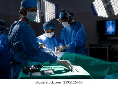Diverse female doctors with face masks doing surgery in hospital operating room. Medicine, healthcare and medical services, unaltered. - Shutterstock ID 2395115455