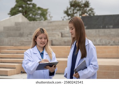 Diverse female doctors reviewing notes together outside a healthcare facility.