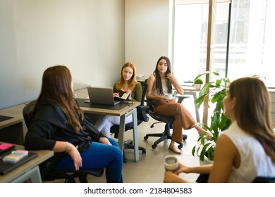 Diverse Female Workers Sitting At Their Desks In The Office And Talking About A Business Project