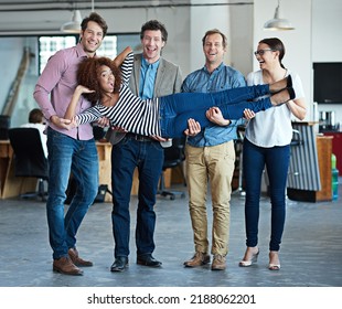 Diverse, Funny And Happy Group Of Businesspeople Posing And Having Fun In A Modern Office. A Playful And Silly Corporate Team Laughing, Smiling And Enjoying Teamwork At A Marketing Startup Company