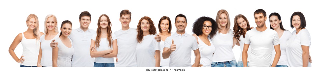 Diverse, Gesture And People Concept - Group Of Happy Different Body Size And Age And Gender People In White T-shirts Hugging Showing Thumbs Up