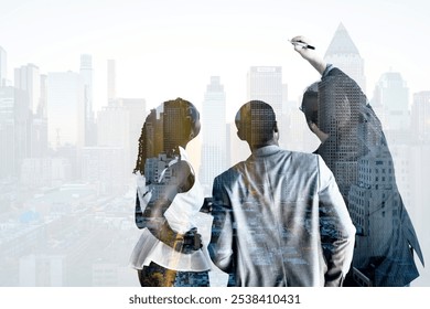 Diverse group of business professionals collaborating with cityscape overlay, digital remix design. Teamwork business concept with diverse professionals in urban setting. Creative remix design - Powered by Shutterstock