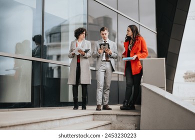 A diverse group of business professionals engaged in a discussion with digital tablets and documents on an office building staircase. - Powered by Shutterstock