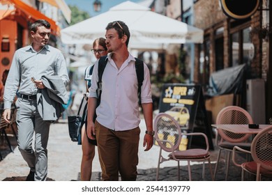 A diverse group of business professionals strolls through a bustling city street, embodying teamwork and modern urban living. The vibrant atmosphere suggests a productive day ahead. - Powered by Shutterstock