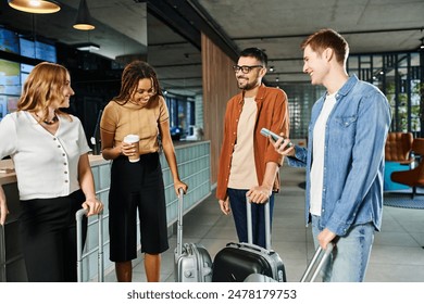 Diverse group of businesspeople in casual attire standing together with luggage in a hotel lobby during a corporate trip. - Powered by Shutterstock