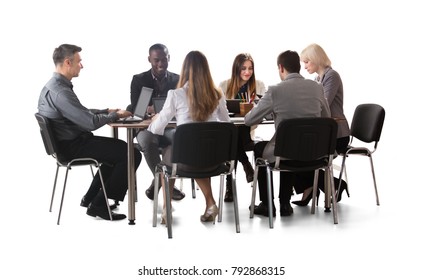 Diverse Group Of Businesspeople Working On Laptop Isolated On White Background