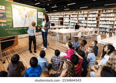 Diverse group of children in a library classroom. Teacher stands by borad with world map teaching geography lesson. Diverse students sit on the floor, engaged in learning in library with teacher - Powered by Shutterstock