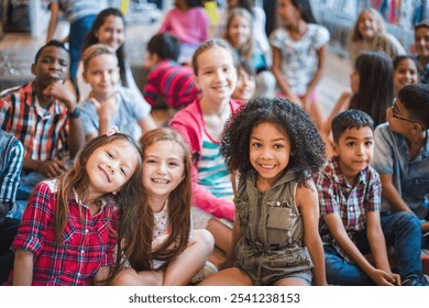 A diverse group of children sitting together, smiling and enjoying. Kids of various ethnicities, including girls and boys, in a cheerful, friendly setting. Cute little diverse kids smiling at camera. - Powered by Shutterstock